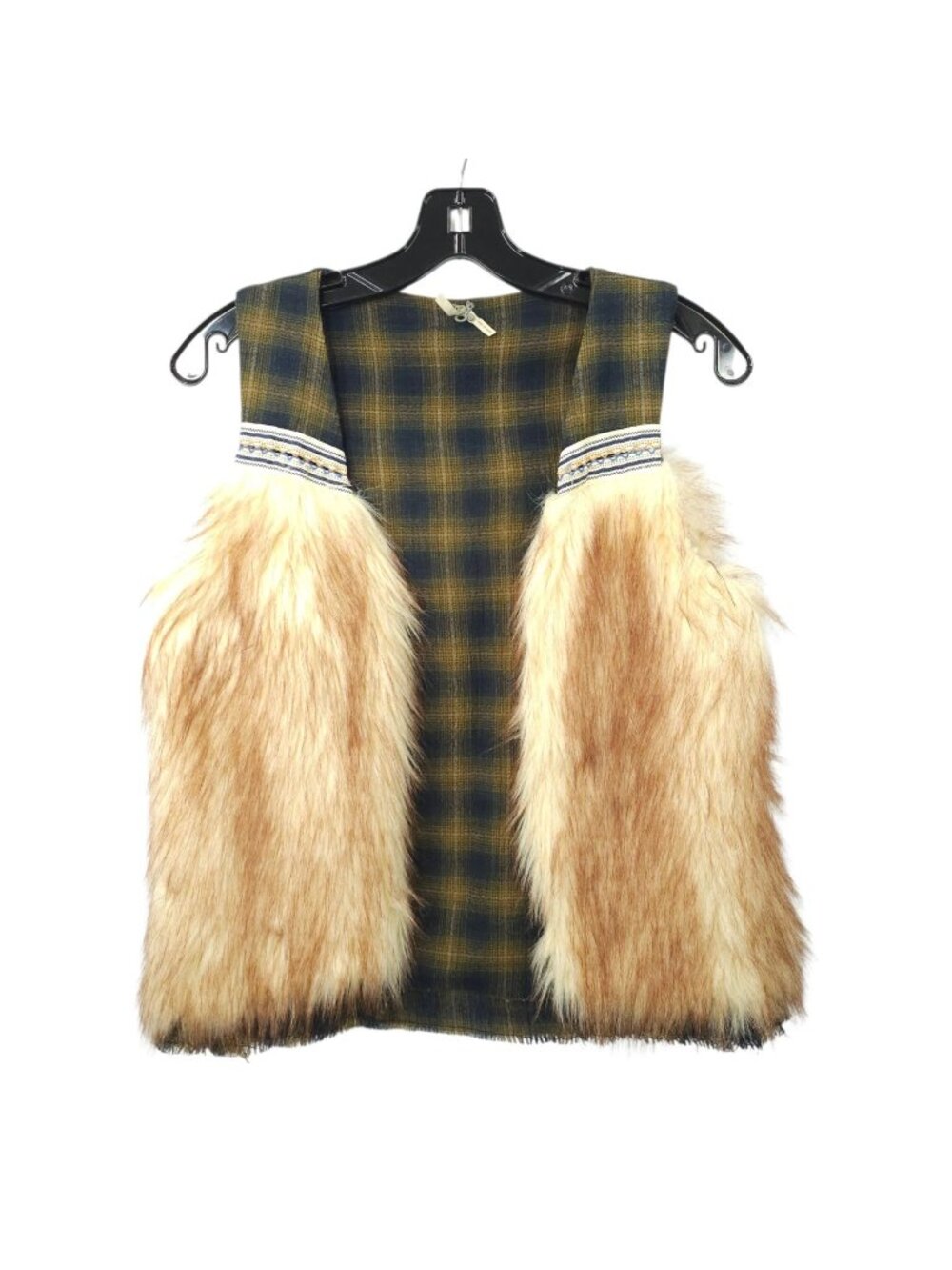 BKE Gimmicks Faux Fur Vest S Brown Green Plaid Boho Shaggy Sleeveless Jacket